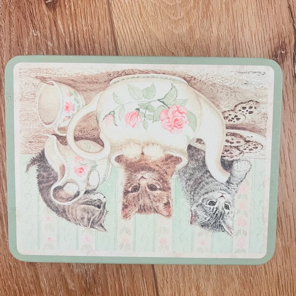 Vtg Keller Charles Philadelphia Kitten Teapot Tin Decorative Metal Box Green